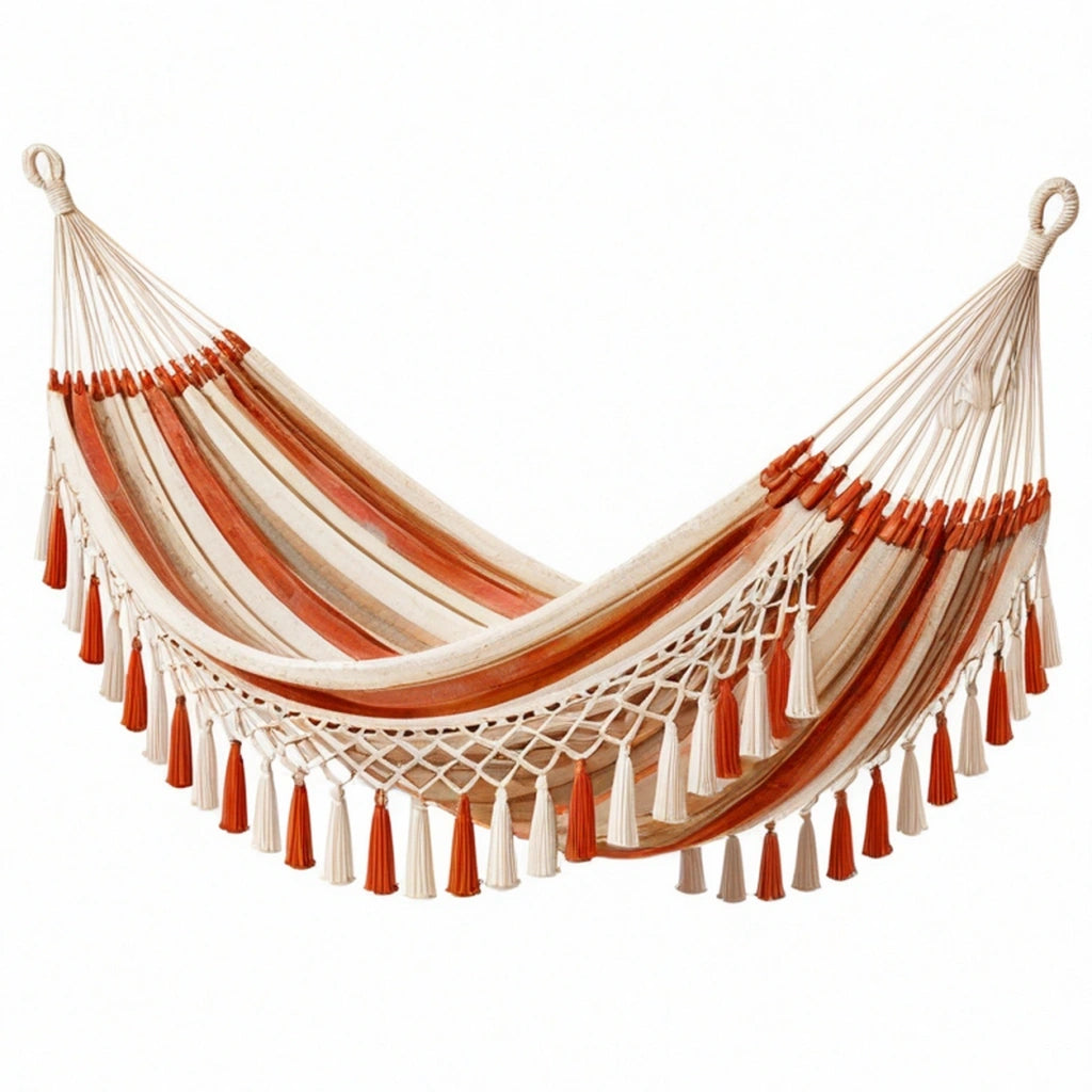 Amaca 200 x 100 cm in cotone beige e arancione con frange stile bohémien
