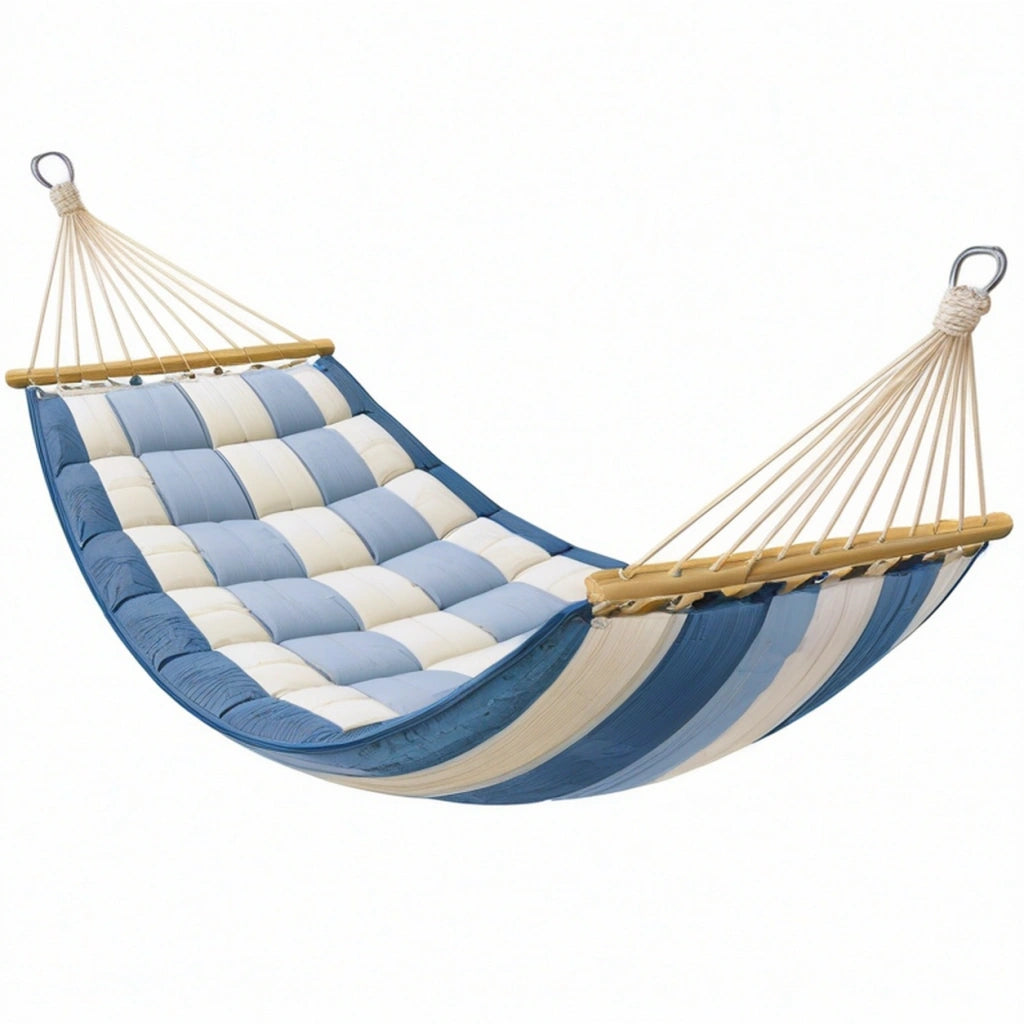 Amaca imbottita 200 x 120 cm in tessuto blu e bianco con barre in legno per esterno