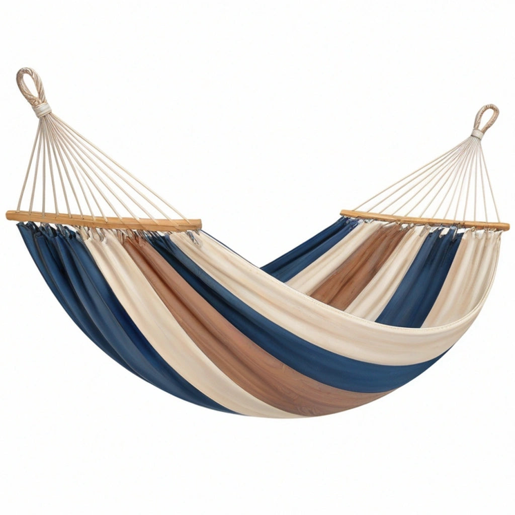 Amaca da giardino 300 x 100 cm in tessuto blu beige marrone con barre in legno