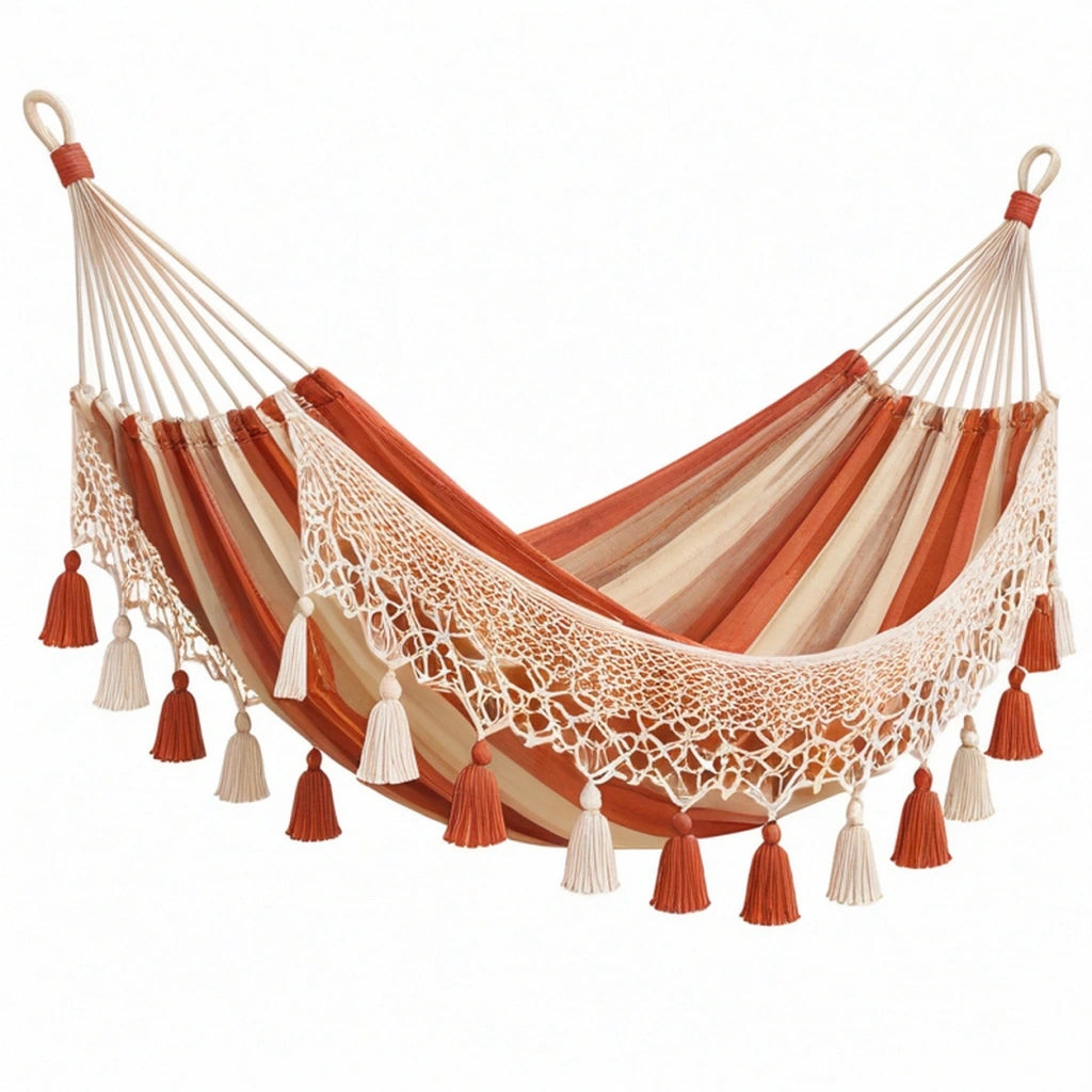 Amaca 200 x 100 cm in tessuto terracotta e beige con frange stile bohémien per relax