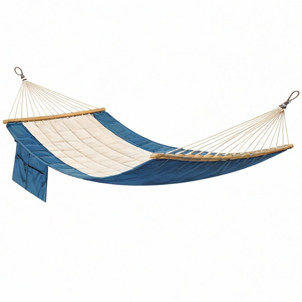 Amaca da giardino 200 x 80 cm in tessuto blu e beige con tasche laterali