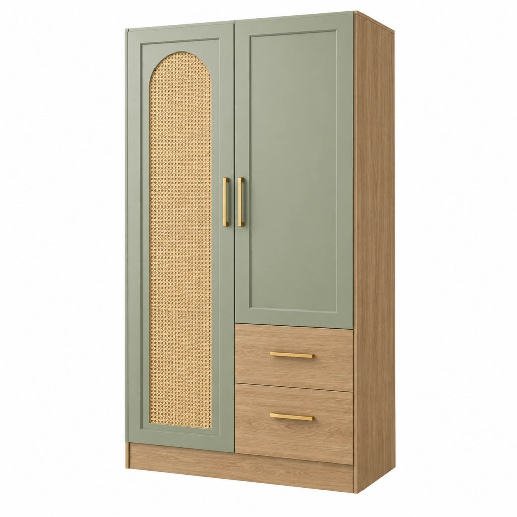 Armadio guardaroba 100 x 50 x 200 cm in legno verde salvia e rattan stile naturale