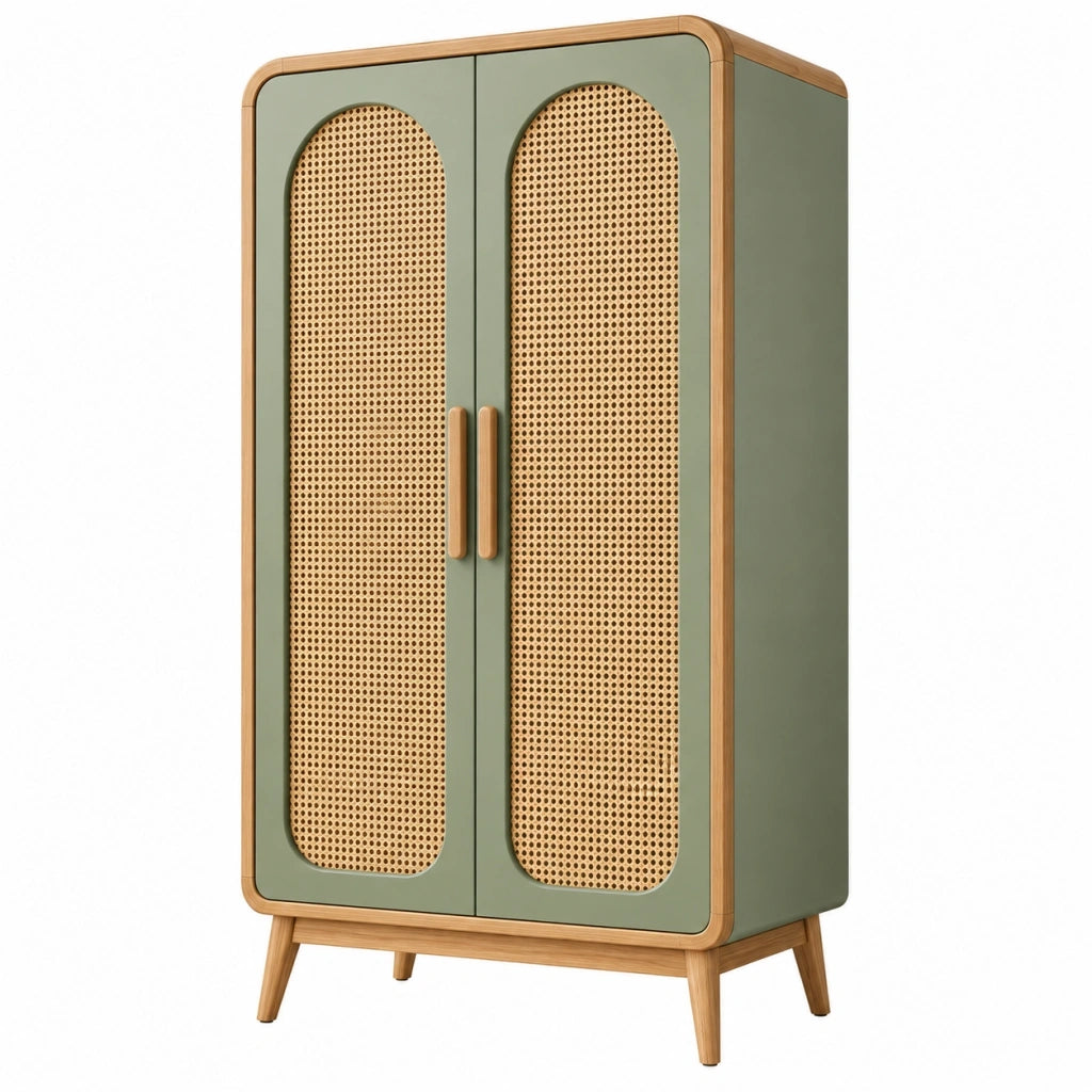 Armadio contenitore 90 x 45 x 160 cm in legno verde e rattan - stile retrò per camera