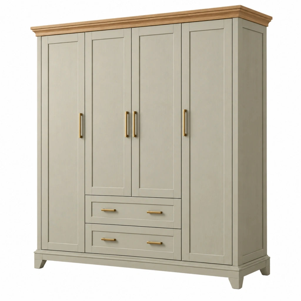 Armadio 180x60x200 cm in legno beige con quattro ante e due cassetti in stile classico