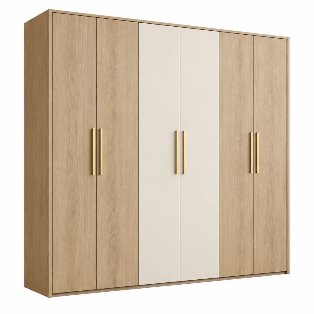 Armadio guardaroba 270 x 60 x 220 cm effetto rovere e bianco - sei ante con maniglie dorate