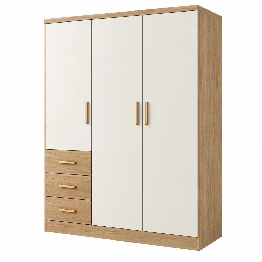 Armadio guardaroba 120 x 50 x 200 cm in pannelli effetto rovere bianco con 3 ante e 3 cassetti stile moderno