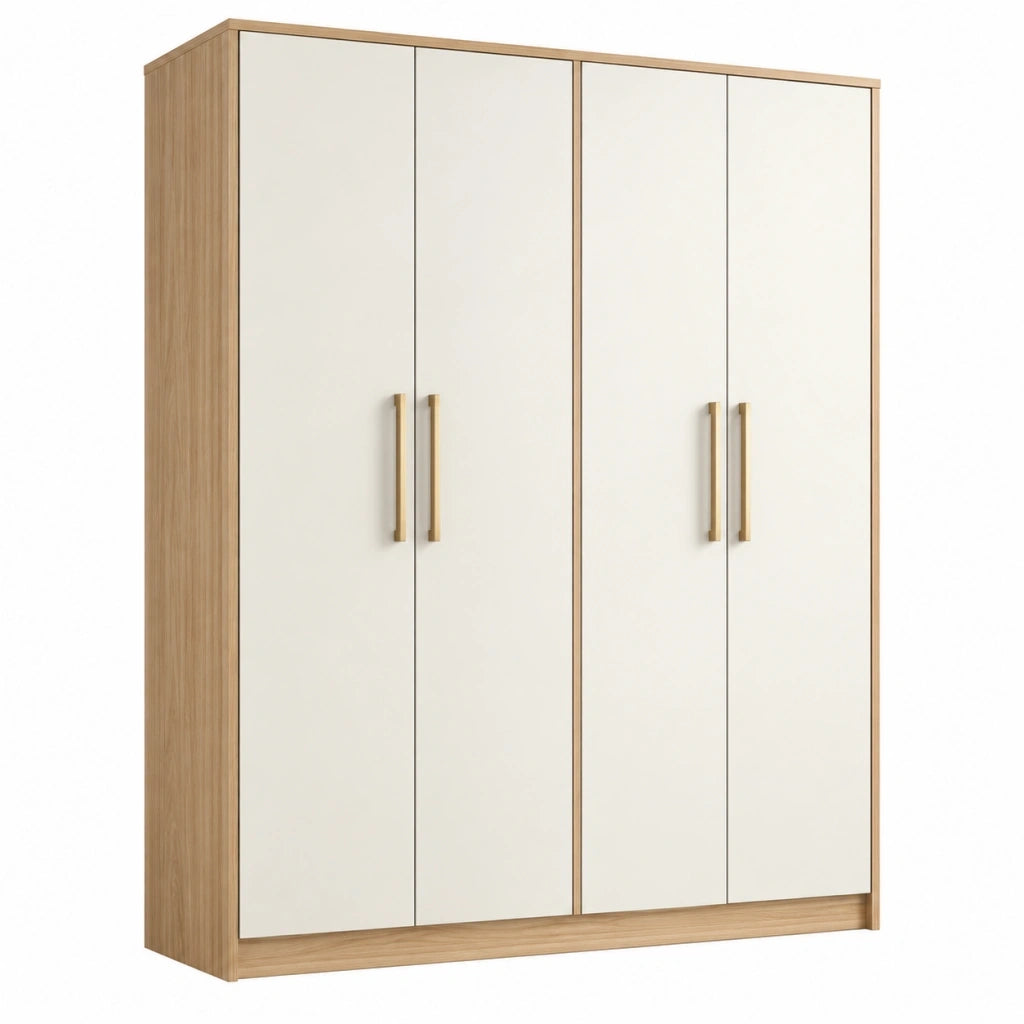 Armadio 180 x 60 x 200 cm in legno ingegnerizzato bianco e rovere a 4 ante