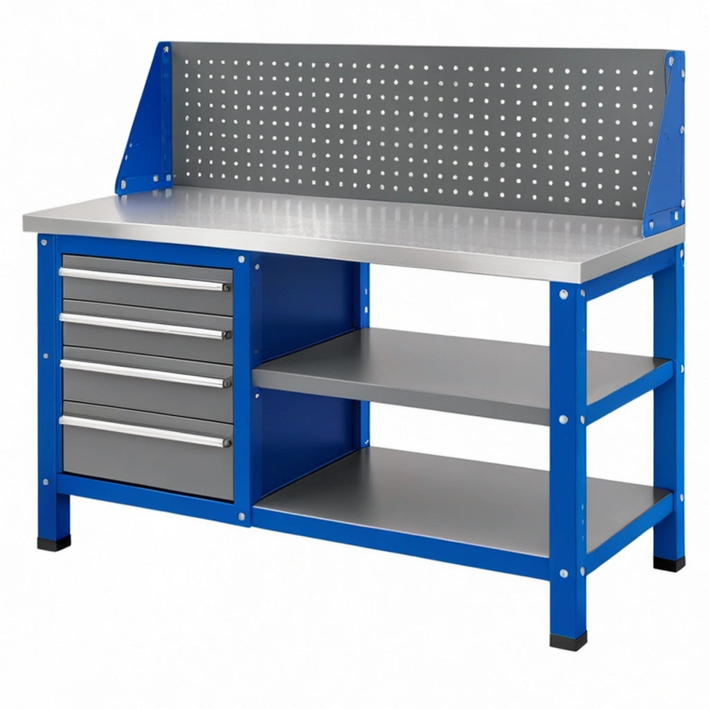 Banco da lavoro 120 x 60 x 150 cm in acciaio blu e grigio con 5 cassetti e pannello portautensili