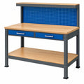 Banco da lavoro 120 x 60 x 150 cm in metallo e legno blu naturale con pannello forato e cassetti