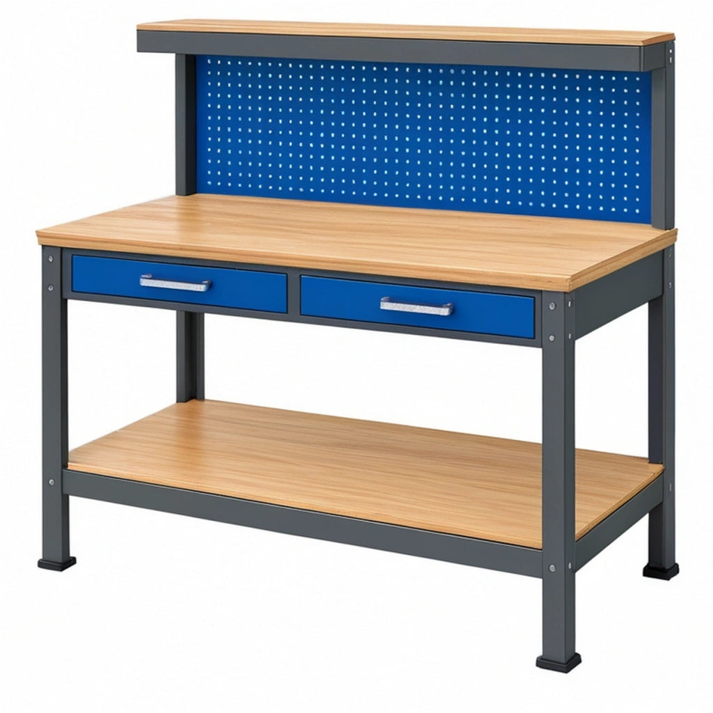 Banco da lavoro 120 x 60 x 150 cm in metallo e legno blu naturale con pannello forato e cassetti