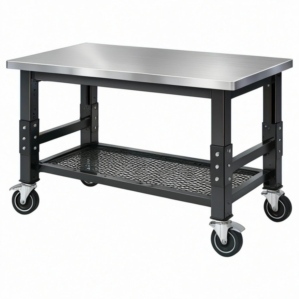 Banco da lavoro mobile 120 x 60 x 85 cm in acciaio nero e argento con ripiano inferiore