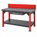 Banco da lavoro 120 x 60 cm in acciaio rosso e nero con cassetto e pannello portautensili