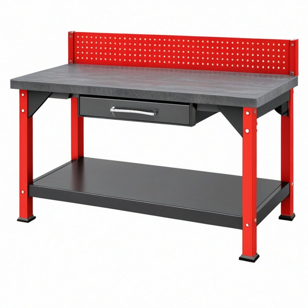 Banco da lavoro 120 x 60 cm in acciaio rosso e nero con cassetto e pannello portautensili