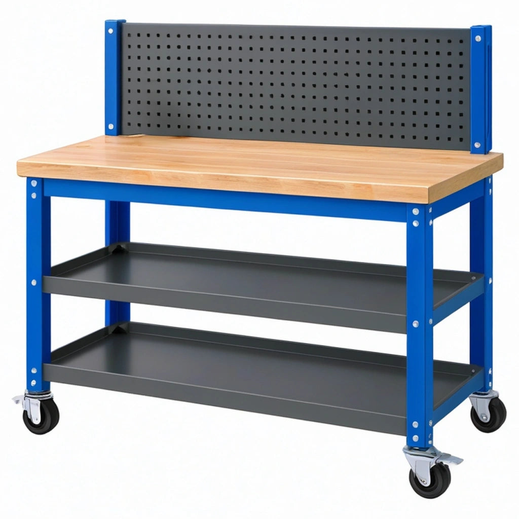 Banco da lavoro 120x60x150 cm in acciaio e legno blu con pannello portautensili e ruote