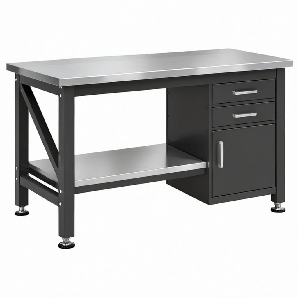 Banco da lavoro 120x60x90 cm in acciaio nero e argento con cassetti e armadietto