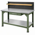 Banco da lavoro 120 x 60 x 150 cm in acciaio verde e piano metallico con pannello forato