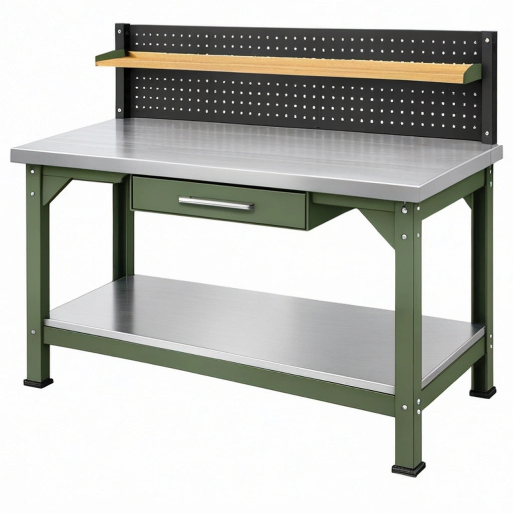 Banco da lavoro 120 x 60 x 150 cm in acciaio verde e piano metallico con pannello forato