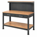 Banco da lavoro 120x60x150 cm in metallo nero e legno con pannello portautensili e cassetti