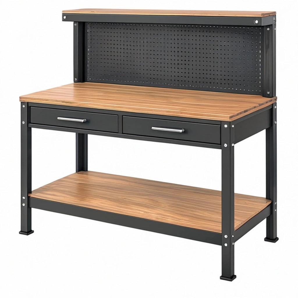 Banco da lavoro 120x60x150 cm in metallo nero e legno con pannello portautensili e cassetti