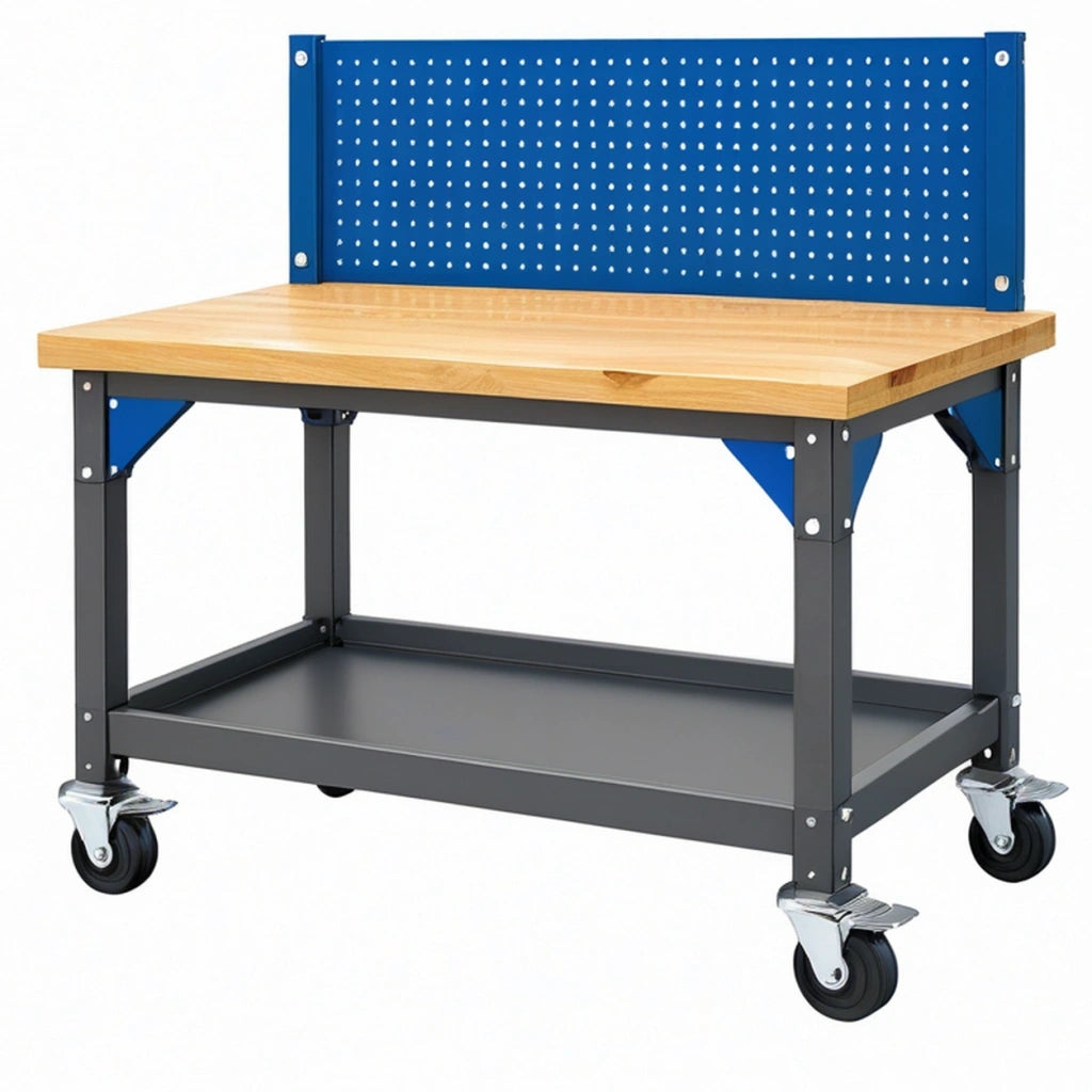Banco da lavoro 120 x 60 x 150 cm in legno e acciaio blu nero con pannello portautensili e ruote
