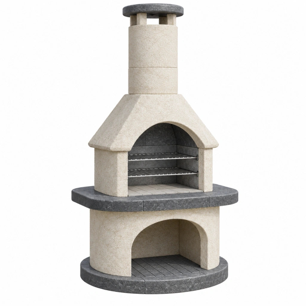 Barbecue da giardino diametro 140 cm in pietra beige/grigio con camino e doppia griglia