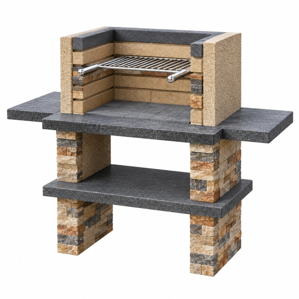 Barbecue da giardino 160 x 70 x 190 cm in pietra beige e grigio con griglia in acciaio inox