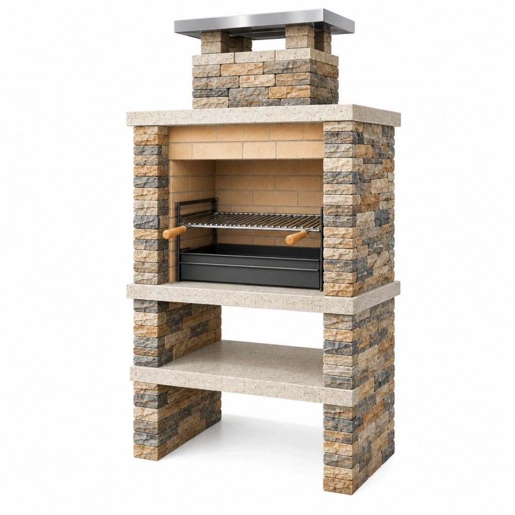 Barbecue da giardino 100 x 70 x 220 cm in pietra beige con griglia in acciaio e camino