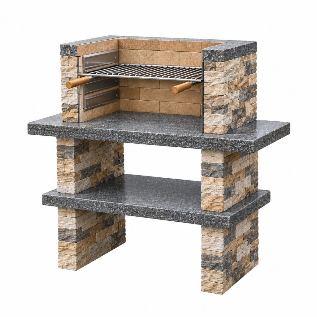 Barbecue da giardino 100 x 60 x 160 cm in pietra beige e granito grigio con griglia in acciaio stile rustico