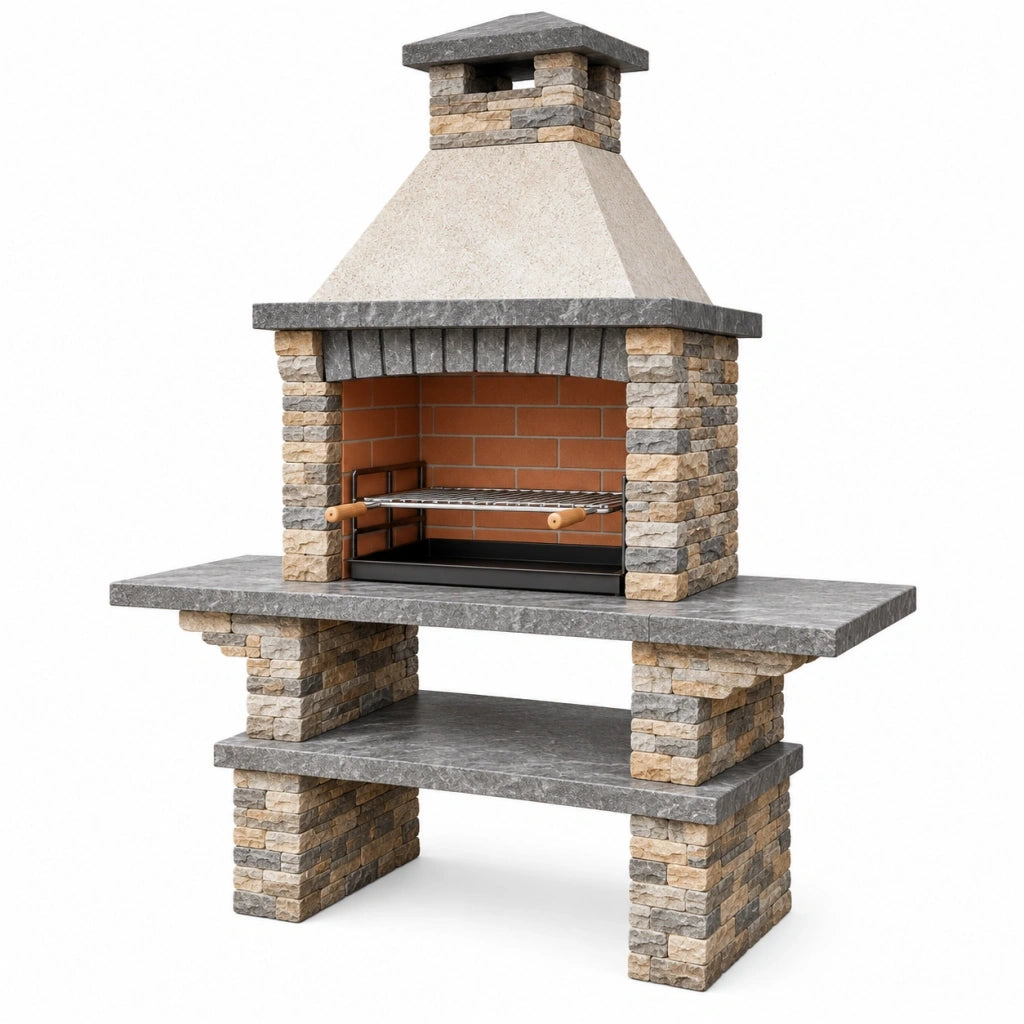 Barbecue da giardino 160 x 70 x 220 cm in muratura grigio/beige con griglia per cottura all'aperto