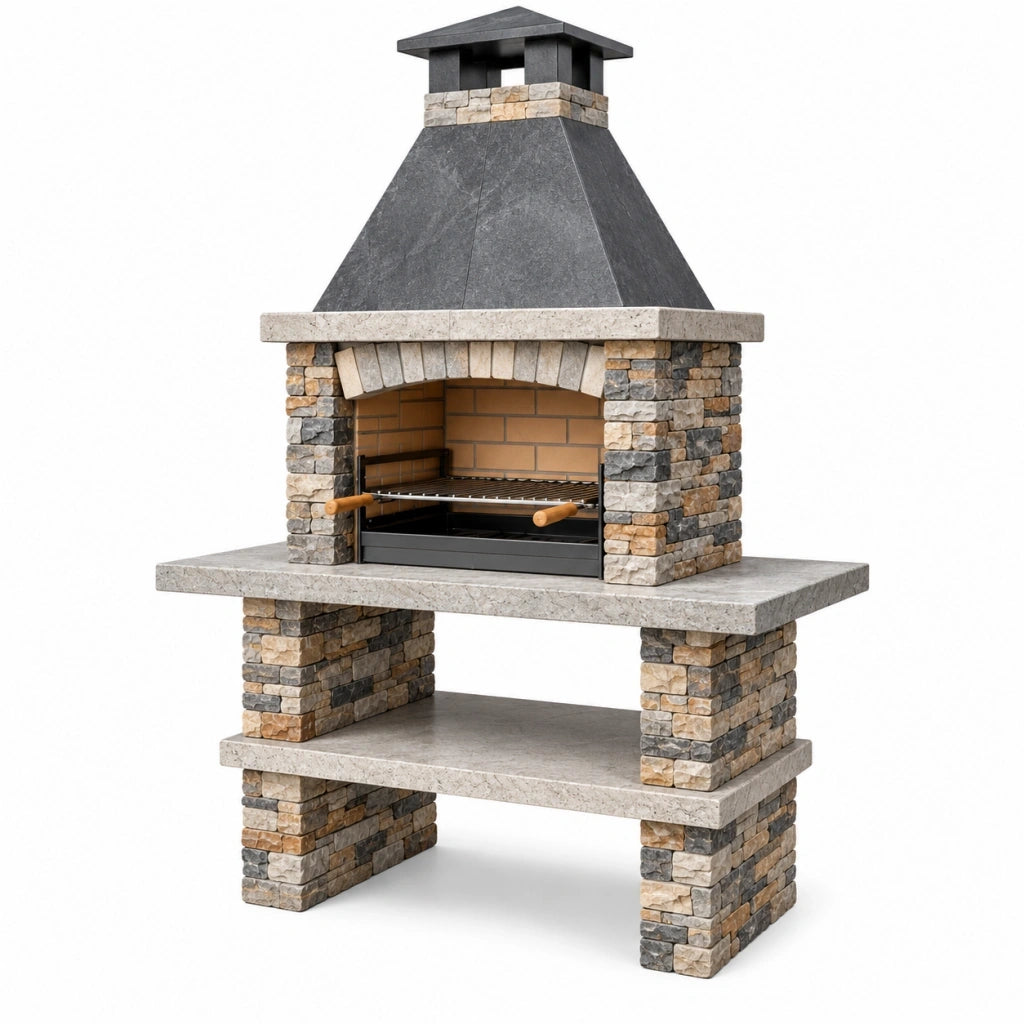 Barbecue da giardino 120 x 70 x 220 cm in pietra grigio/beige con cappa e ripiano
