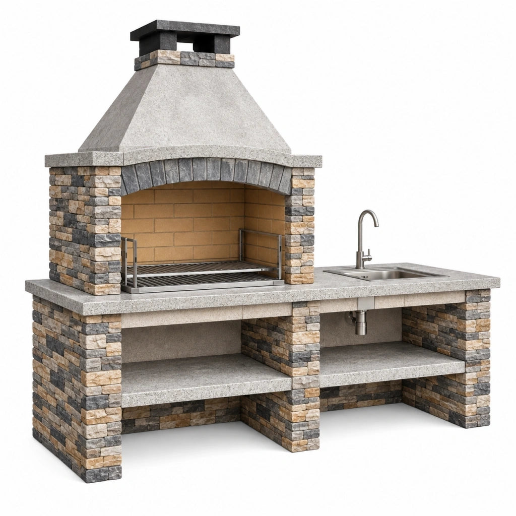 Barbecue da esterno 180 x 70 x 240 cm in pietra grigio beige con lavello e griglia