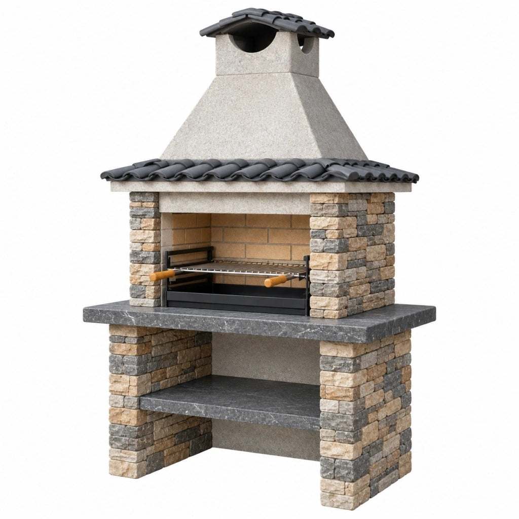 Barbecue da giardino 120 x 70 x 220 cm in pietra grigio beige con griglia regolabile stile rustico