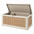 Cassapanca da esterno 120 x 55 x 60 cm in resina beige e effetto legno con coperchio apribile