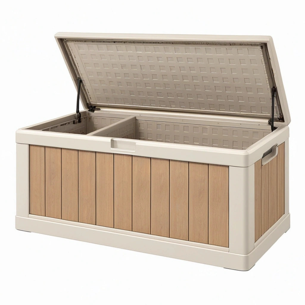 Cassapanca da esterno 120 x 55 x 60 cm in resina beige e effetto legno con coperchio apribile