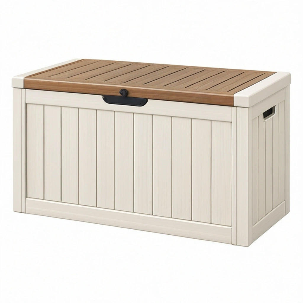 Cassapanca da esterno 120 x 60 x 60 cm in resina bianco/marrone effetto legno con coperchio
