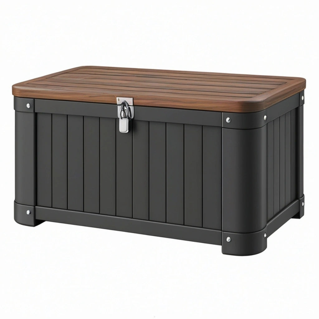 Baule contenitore da esterno 100 x 50 x 55 cm in resina nero e marrone con chiusura a scatto