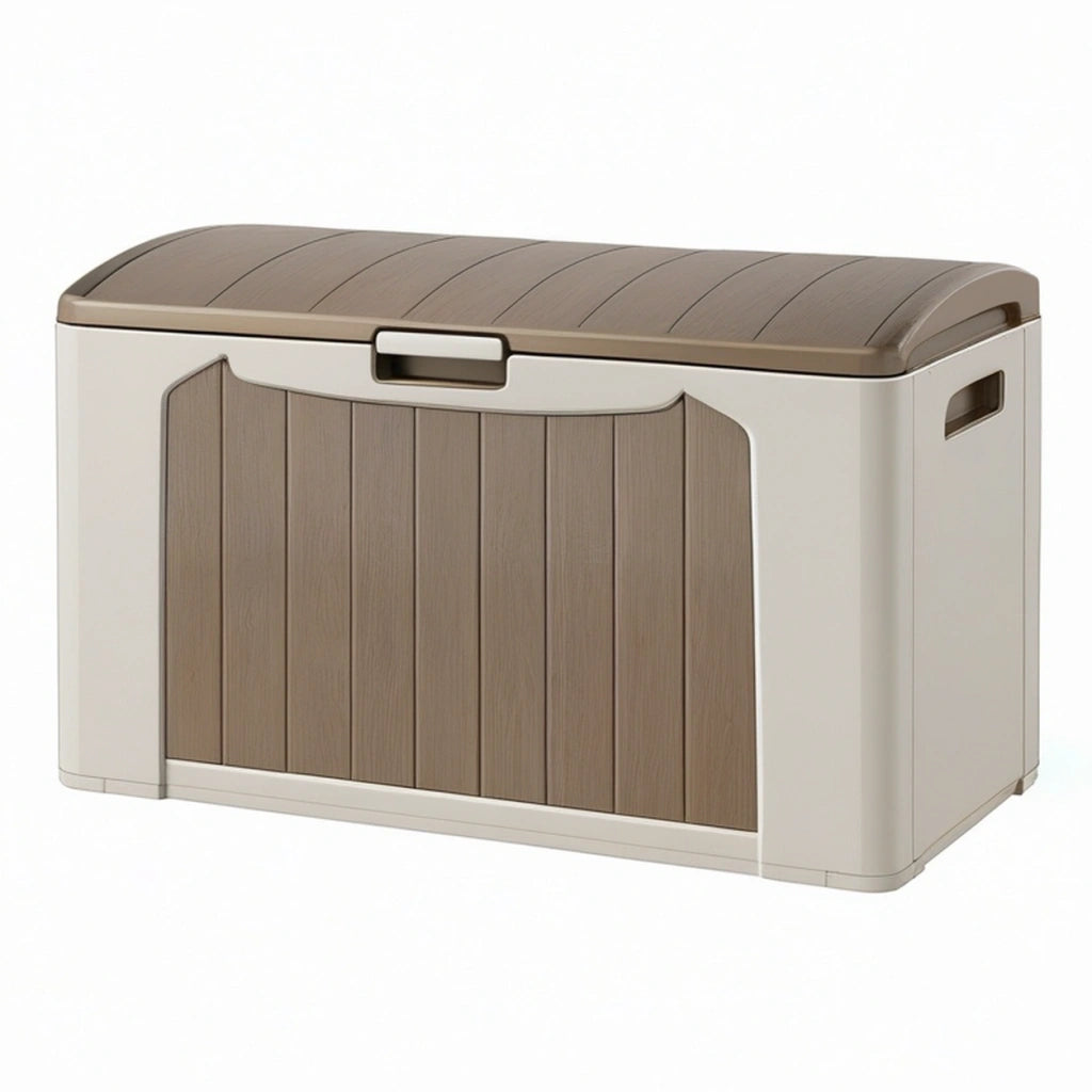 Cassapanca contenitore 120 x 55 x 60 cm in resina beige e marrone effetto legno con coperchio seduta
