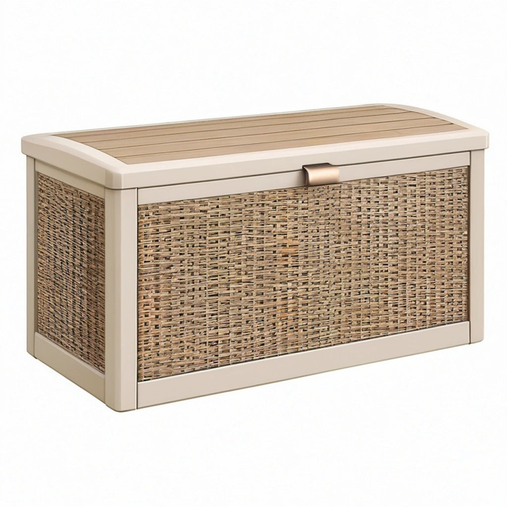 Cassapanca contenitore 100 x 50 x 55 cm in resina beige con pannelli intrecciati per esterno
