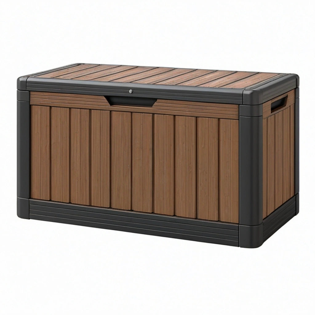 Cassapanca contenitore da esterno 120 x 60 x 65 cm in plastica effetto legno marrone antracite con coperchio