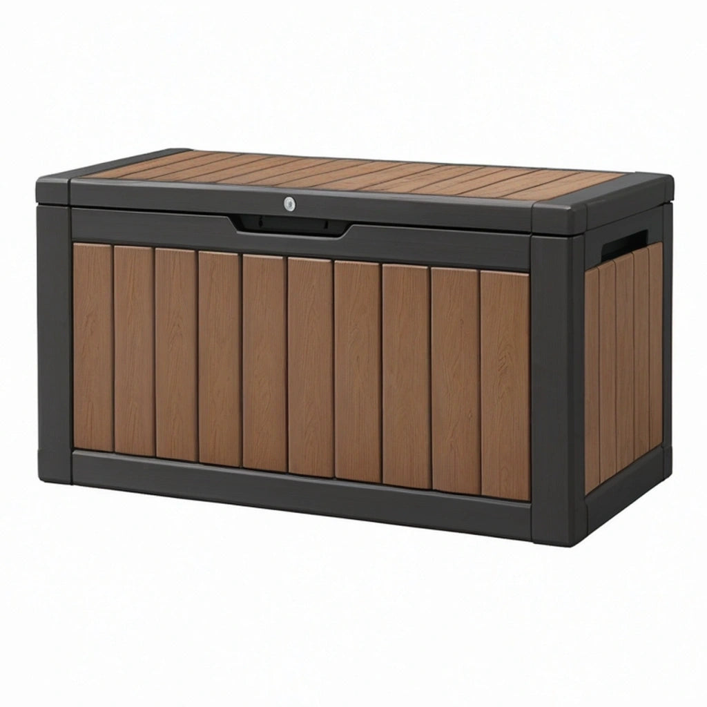 Baule contenitore da esterno 120 x 60 x 65 cm in resina effetto legno marrone e nero con coperchio richiudibile