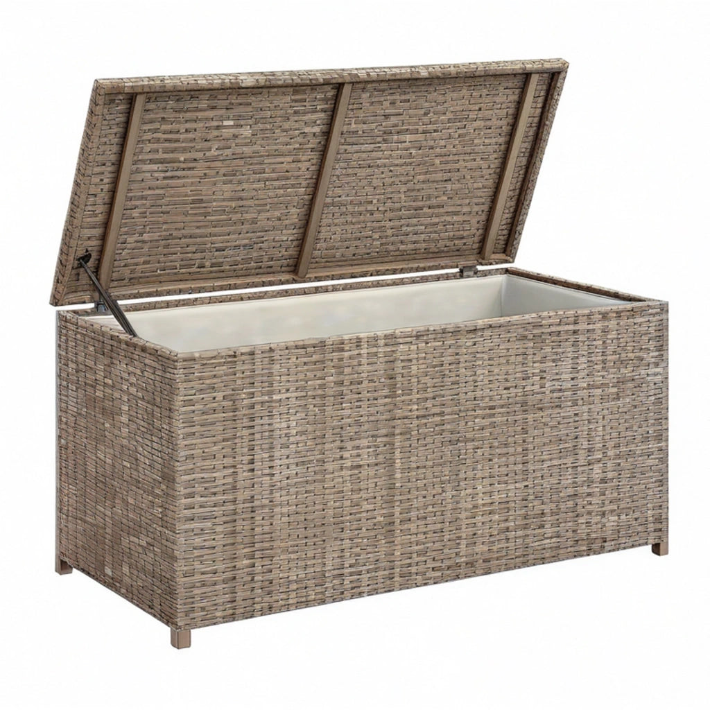 Cassapanca contenitore da esterno 120 x 50 x 60 cm in polyrattan grigio tortora con coperchio sollevabile