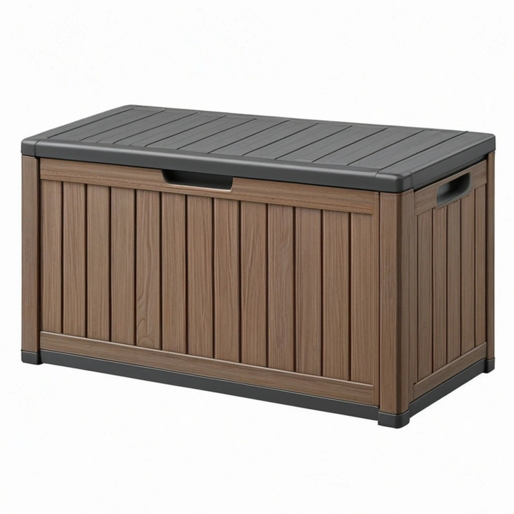 Cassapanca da giardino 120x60x65 cm in resina marrone effetto legno con coperchio nero
