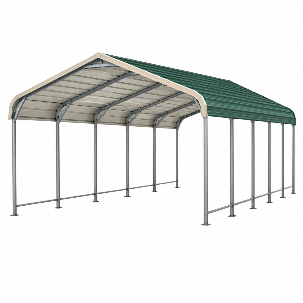 Tettoia per auto 500 x 300 x 240 cm in acciaio verde con copertura inclinata